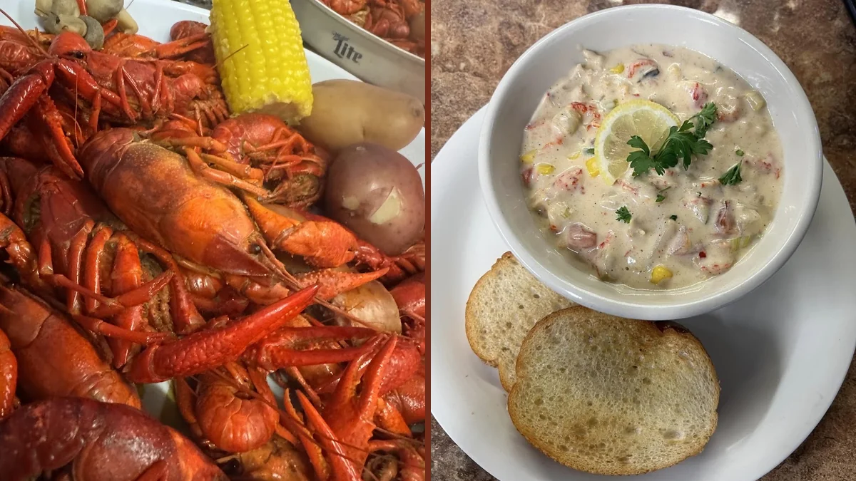 A warm dining room with seafood dishes