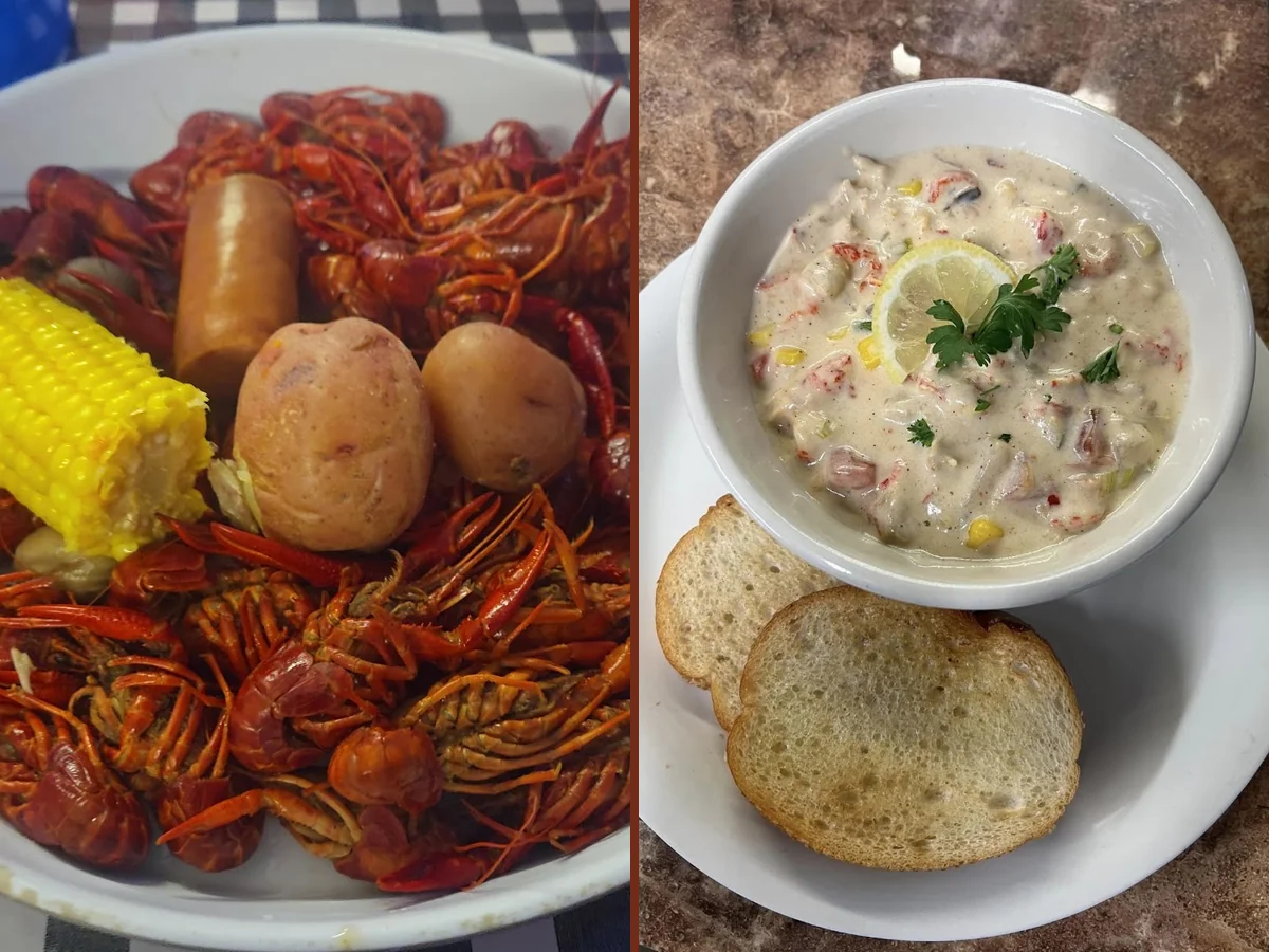 A warm dining room with seafood dishes